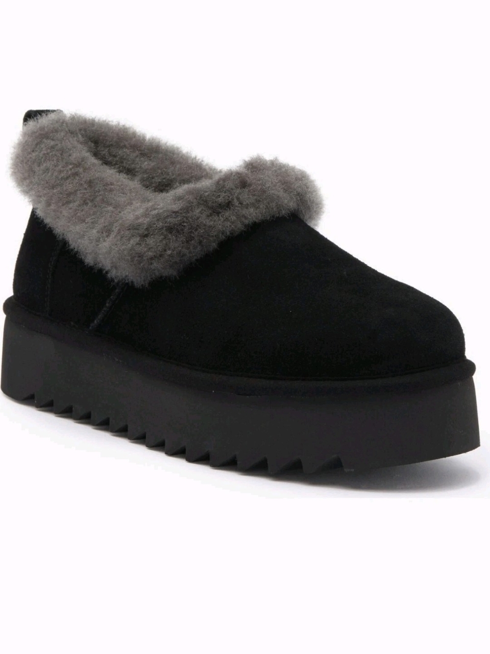 UGG Black Suede Platform Mule with Gray Shearling Collar